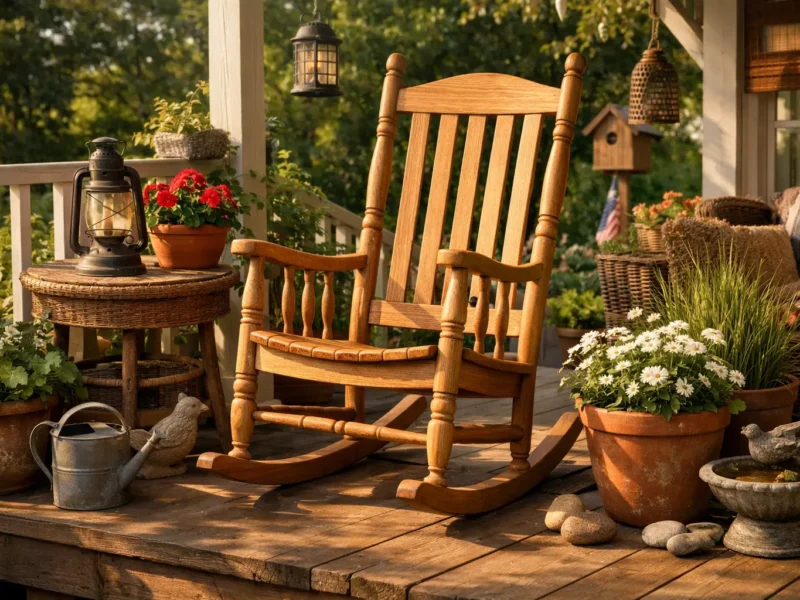 Amerikanischer Schaukelstuhl Outdoor auf Holzterrasse mit Gartendeko