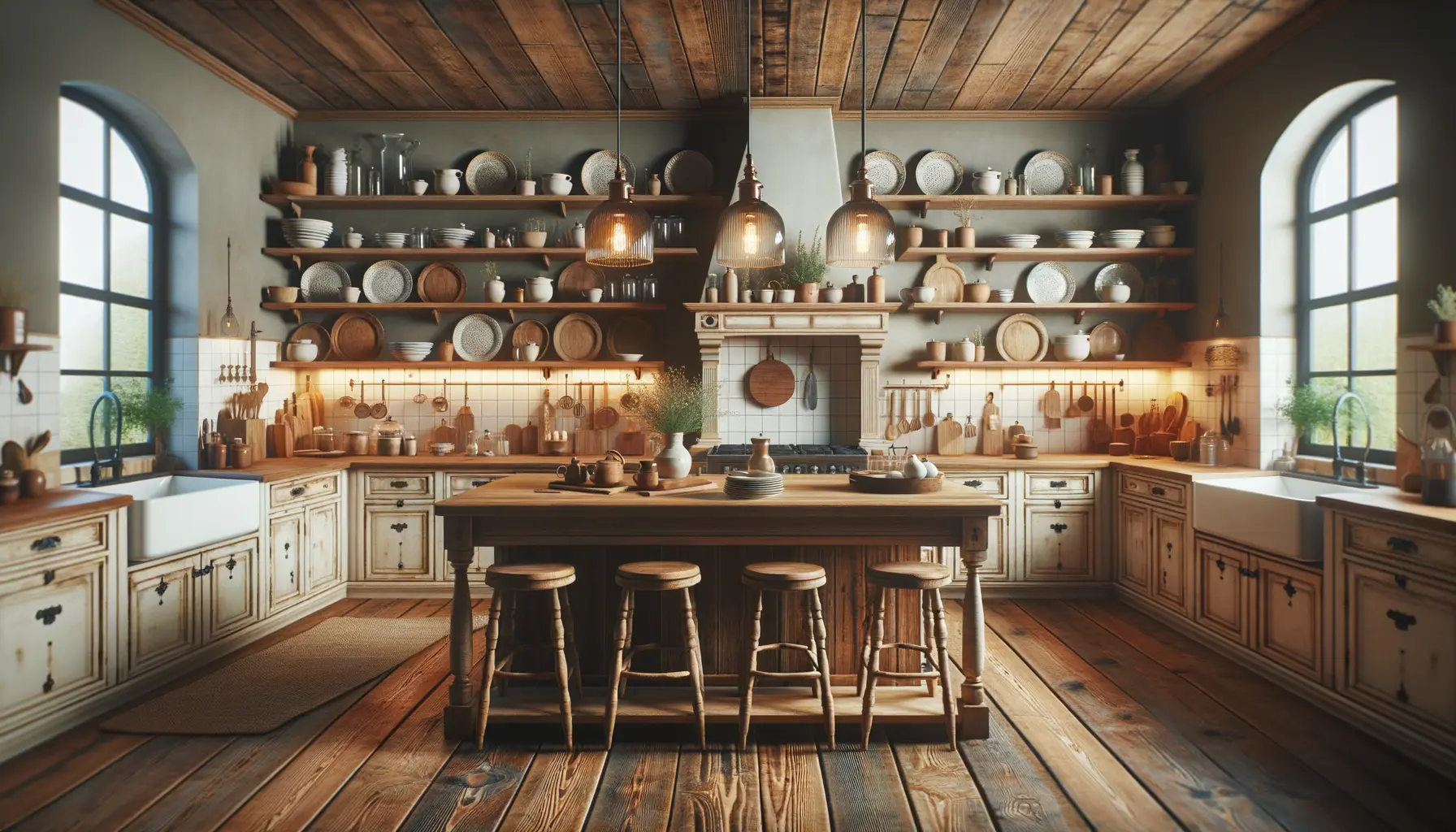 Amerikanischer Wohnstil Landhausküche mit Holzinsel und Vintage-Elementen