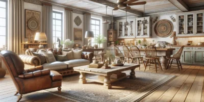 Amerikanischer Wohnstil Wohnzimmer mit Landhausmöbeln und warmen Farbtönen