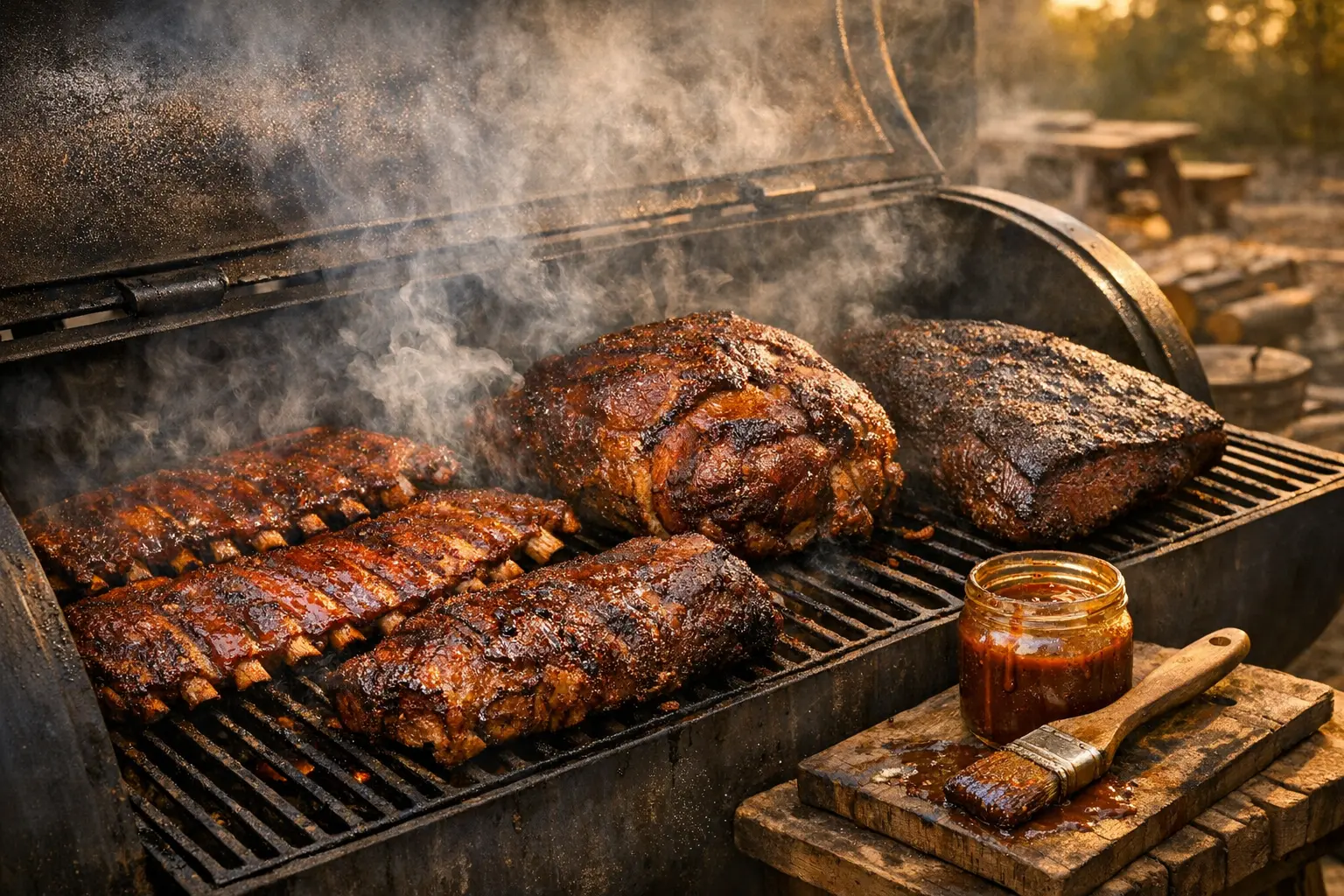 Spareribs und Pulled Pork auf einem Smoker-Grill für amerikanisches Buffet