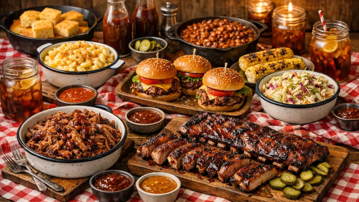 Amerikanisches Buffet mit Pulled Pork, Spareribs, Burger und typischen Beilagen