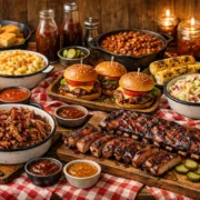 Amerikanisches Buffet mit Pulled Pork, Spareribs, Burger und typischen Beilagen