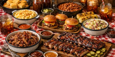 Amerikanisches Buffet mit Pulled Pork, Spareribs, Burger und typischen Beilagen