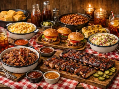 Amerikanisches Buffet mit Pulled Pork, Spareribs, Burger und typischen Beilagen