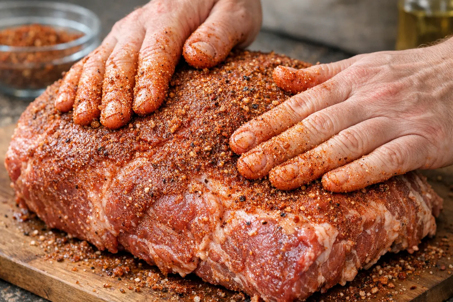 Fleisch wird mit BBQ Gewürzen mariniert und eingerieben