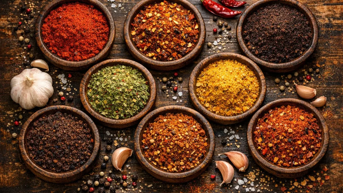 BBQ Gewürze in verschiedenen Schalen mit Grillzubehör