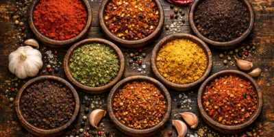 BBQ Gewürze in verschiedenen Schalen mit Grillzubehör