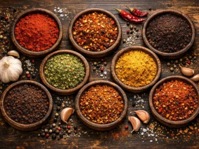 BBQ Gewürze in verschiedenen Schalen mit Grillzubehör