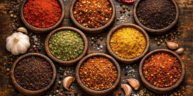 BBQ Gewürze in verschiedenen Schalen mit Grillzubehör