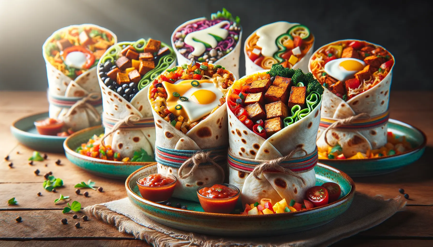 Variationen von Breakfast Burrito mit Gemüse, veganen Zutaten und scharfer Salsa