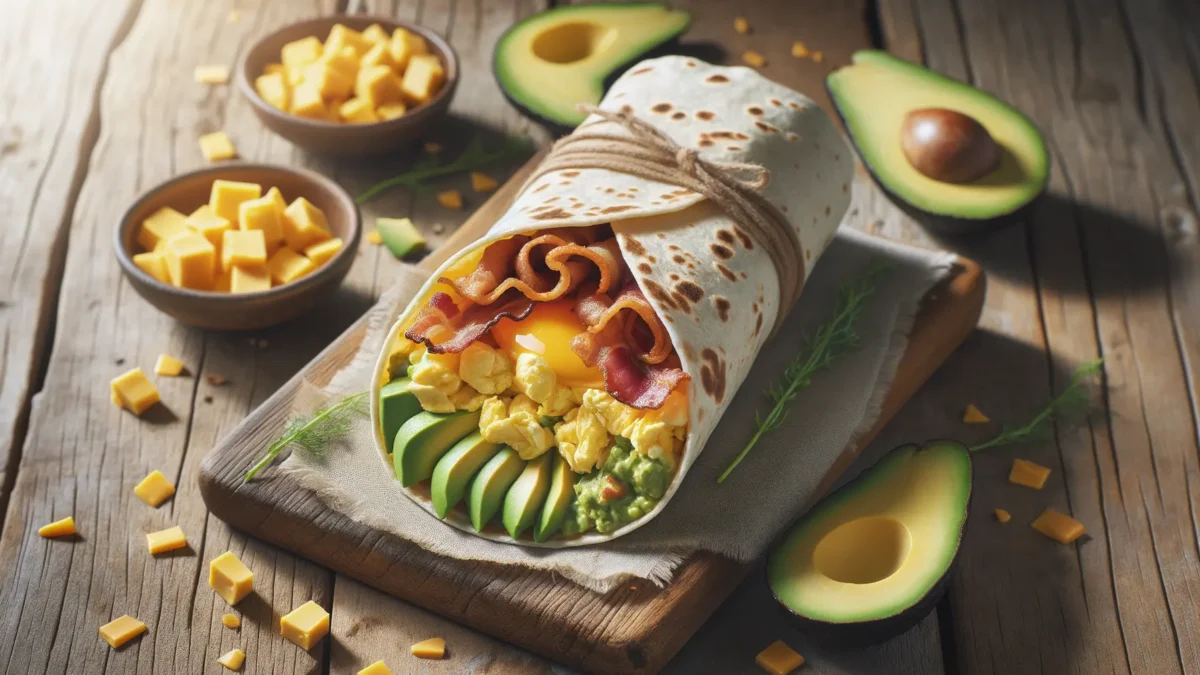 Perfekter Breakfast Burrito mit Eiern, Speck und Avocado auf einem Weizenmehl-Wrap