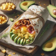 Perfekter Breakfast Burrito mit Eiern, Speck und Avocado auf einem Weizenmehl-Wrap
