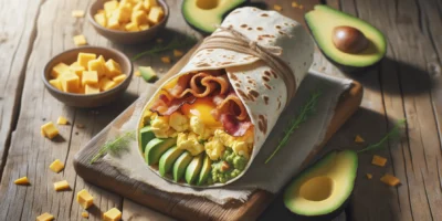 Perfekter Breakfast Burrito mit Eiern, Speck und Avocado auf einem Weizenmehl-Wrap