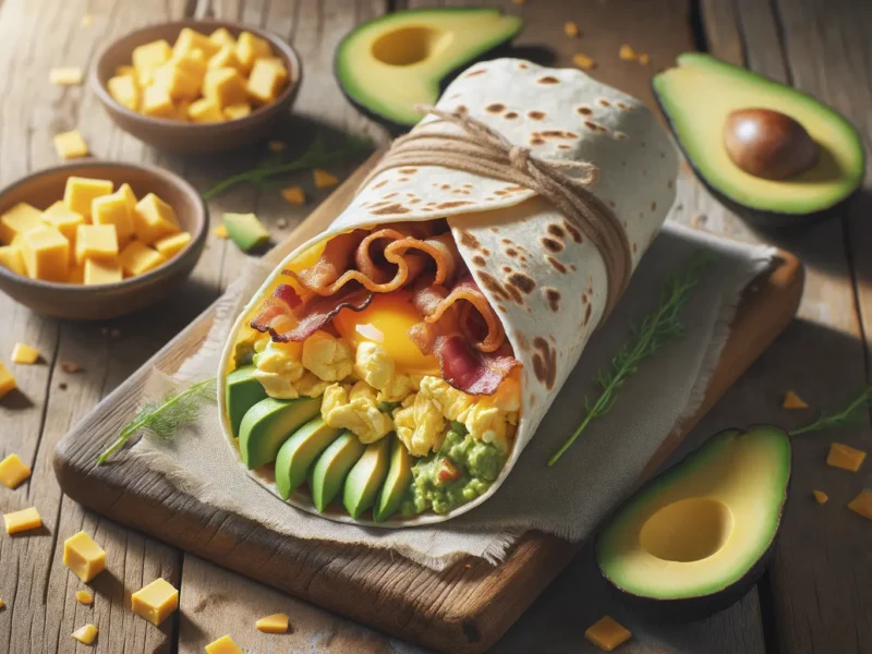 Perfekter Breakfast Burrito mit Eiern, Speck und Avocado auf einem Weizenmehl-Wrap