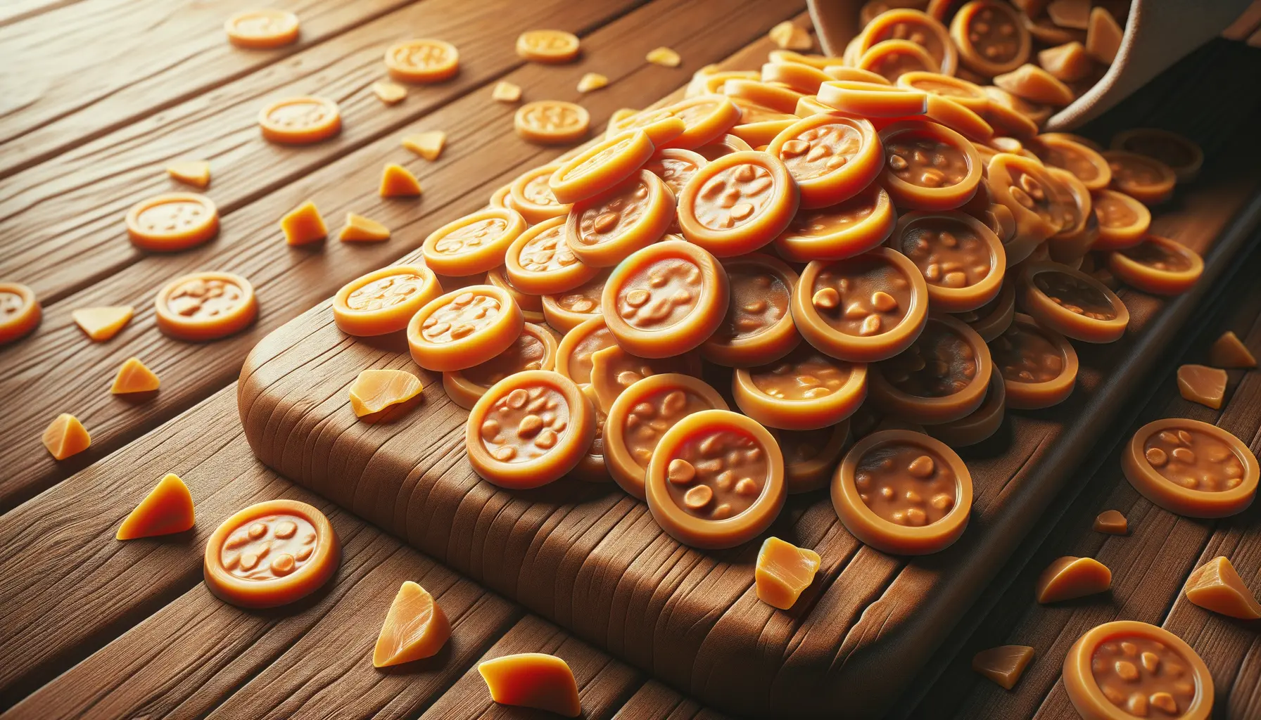 Nahaufnahme von goldenen Butterscotch Chips auf Holztisch