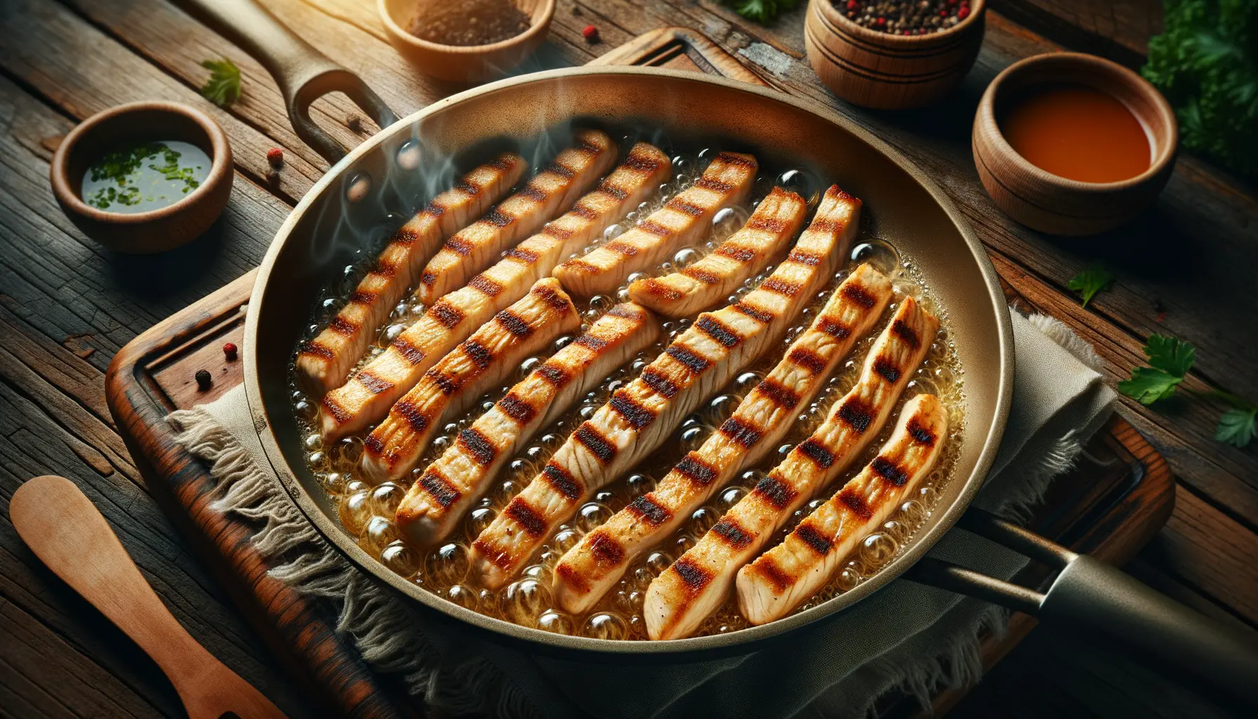 Goldbraun gebratene Chicken Streifen in Pfanne für Wraps