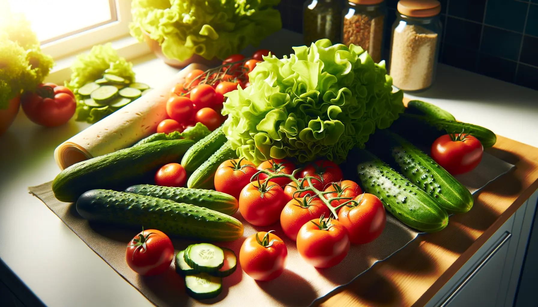 Frisches Gemüse wie Salat, Tomaten und Gurken für Chicken Wrap
