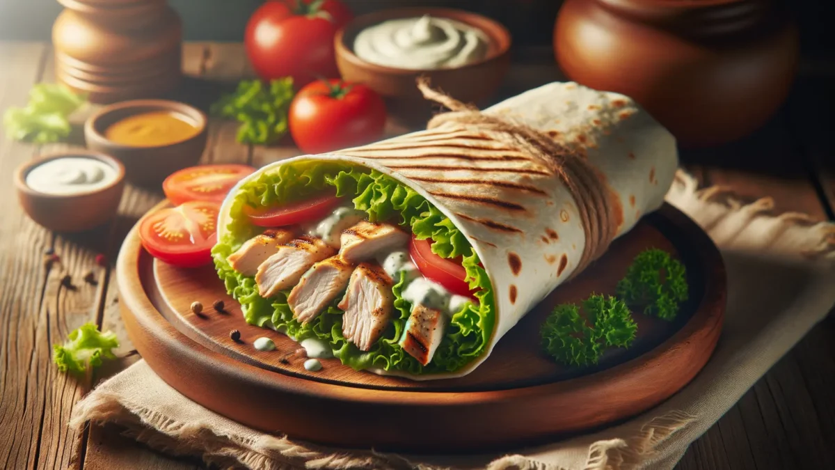 Frisch zubereiteter Chicken Wrap mit Hähnchen und Gemüse