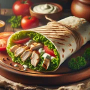 Frisch zubereiteter Chicken Wrap mit Hähnchen und Gemüse