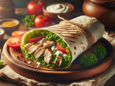 Frisch zubereiteter Chicken Wrap mit Hähnchen und Gemüse