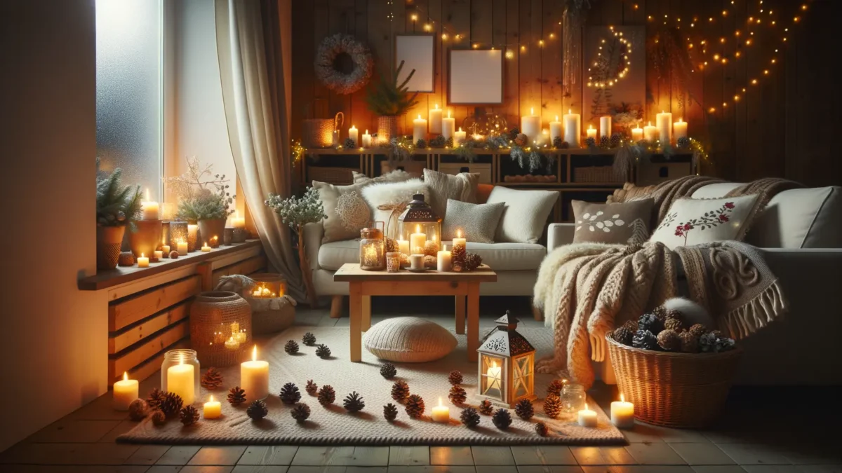 Winterdeko Wohnzimmer mit Kerzen, Lichterketten und natürlichen Materialien für gemütliche Winterstimmung
