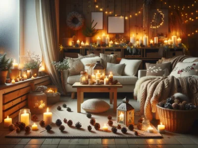 Winterdeko Wohnzimmer mit Kerzen, Lichterketten und natürlichen Materialien für gemütliche Winterstimmung