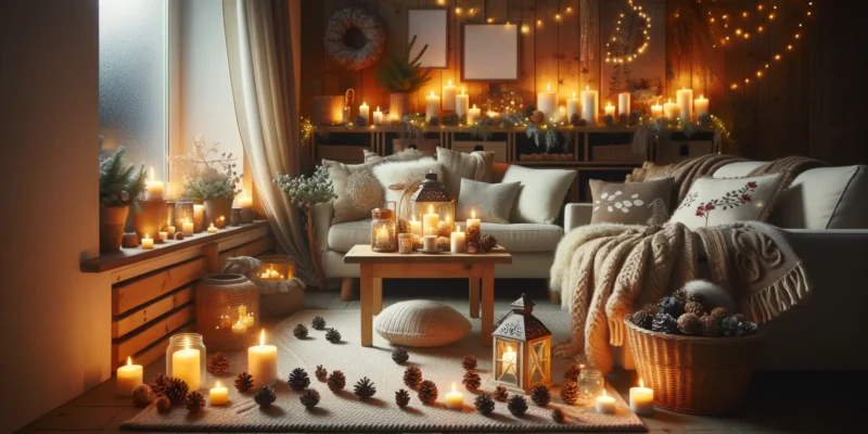 Winterdeko Wohnzimmer mit Kerzen, Lichterketten und natürlichen Materialien für gemütliche Winterstimmung