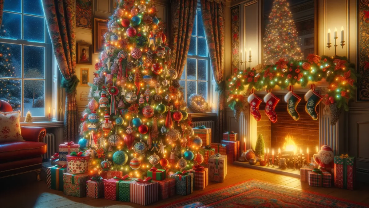 Amerikanischer Weihnachtsbaum festlich dekoriert mit Lichtern und Kugeln