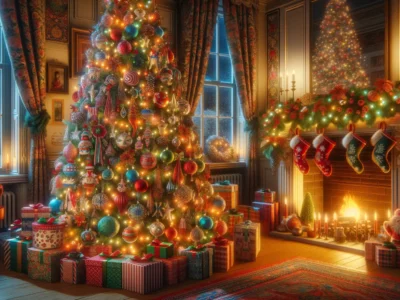 Amerikanischer Weihnachtsbaum festlich dekoriert mit Lichtern und Kugeln