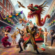 Karneval USA Parade in New Orleans mit bunten Kostümen und Festwagen