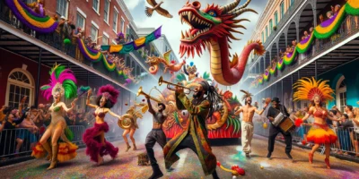 Karneval USA Parade in New Orleans mit bunten Kostümen und Festwagen