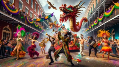 Karneval USA Parade in New Orleans mit bunten Kostümen und Festwagen