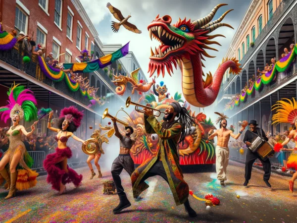 Karneval USA Parade in New Orleans mit bunten Kostümen und Festwagen