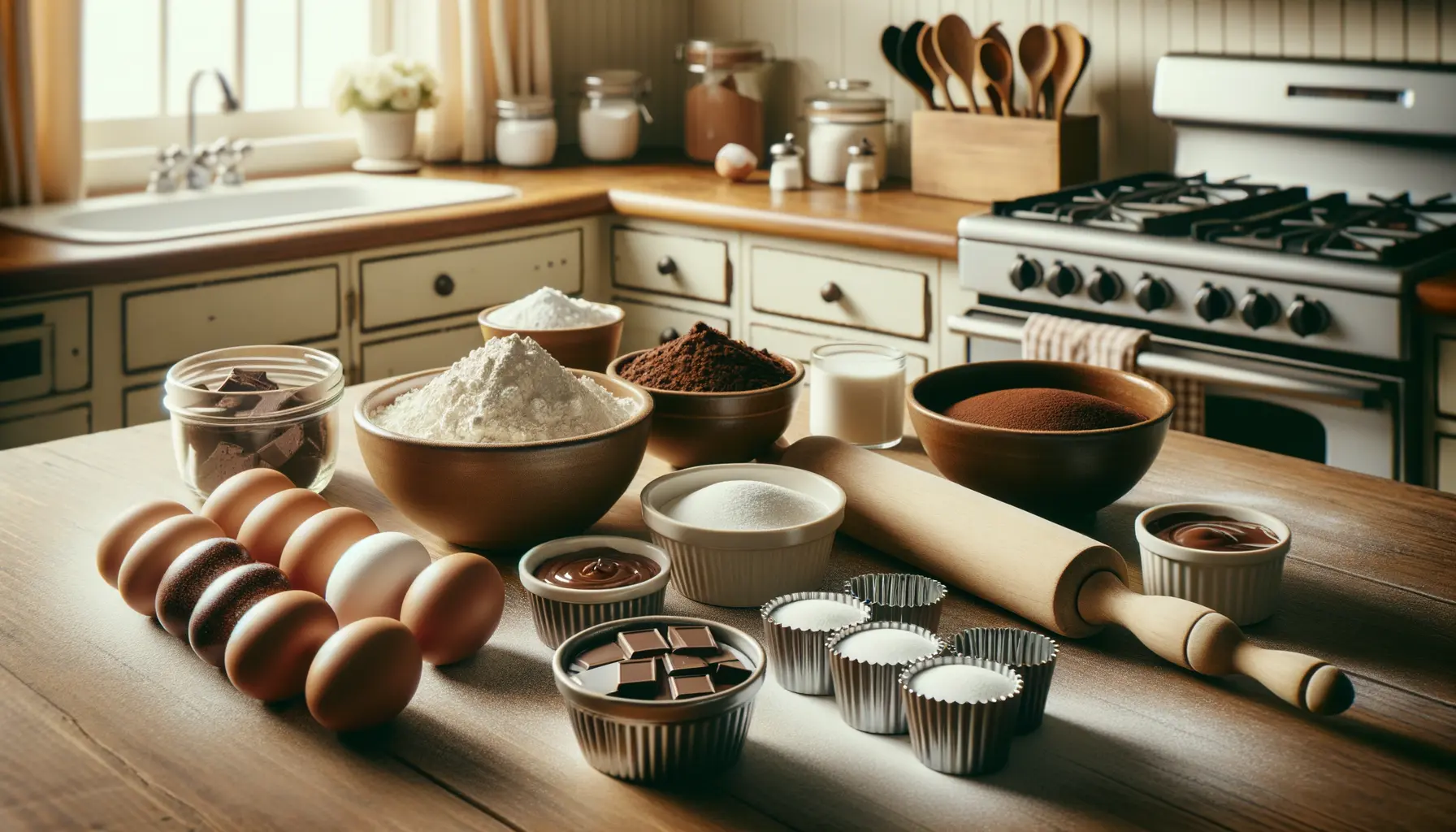 Zutaten und Backformen für das lava cake rezept vor der Zubereitung auf der Küchenarbeitsfläche