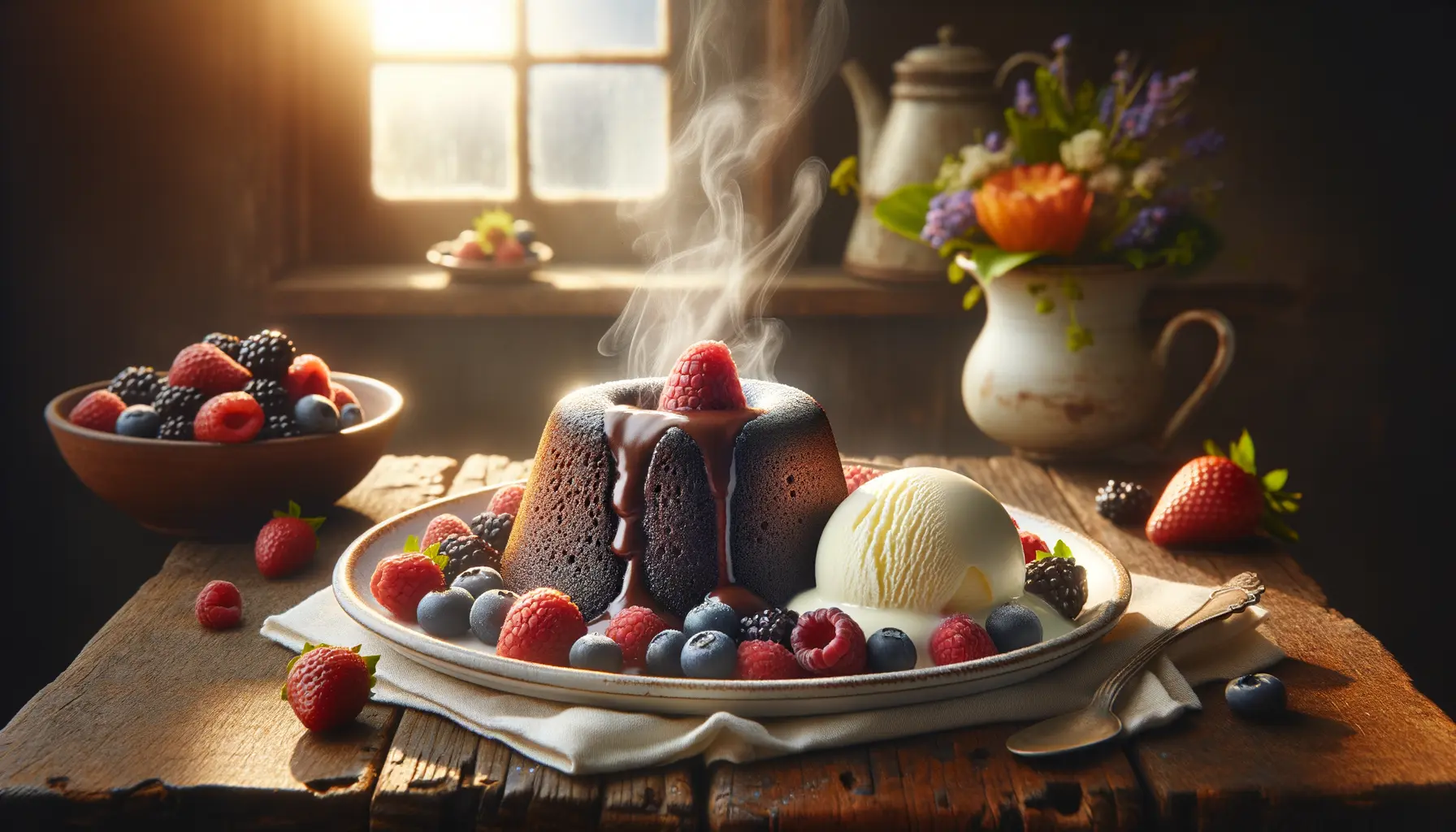 Servierter Lava Cake mit Vanilleeis und frischen Beeren auf weißem Teller