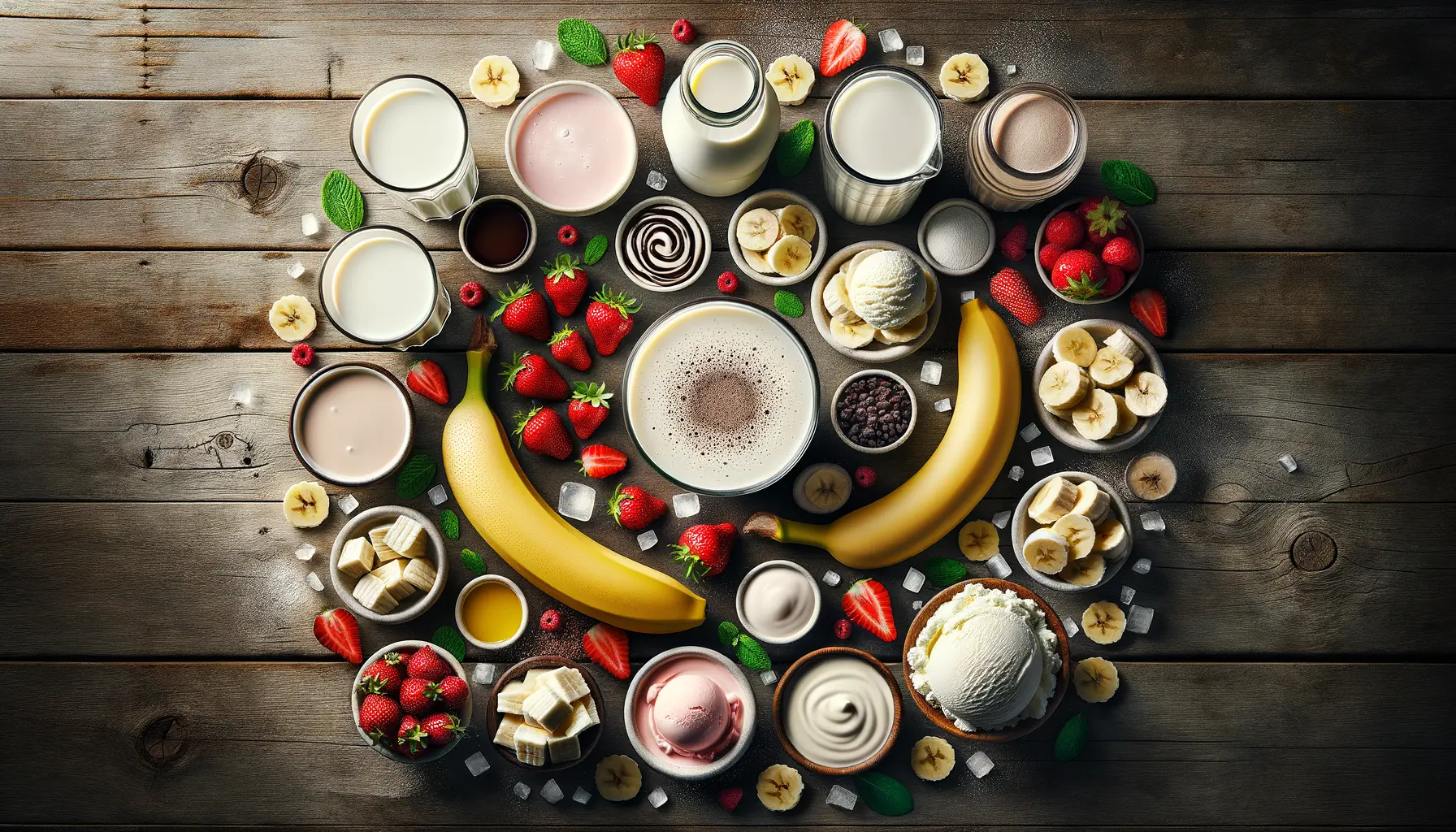 Milchshake Rezept Zutaten mit Milch, Früchten, Eis und Aromen auf Holzuntergrund