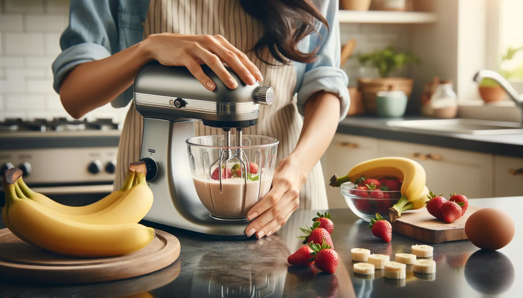 Milchshake in der Zubereitung mit Mixer und frischen Zutaten auf der Küchenarbeitsplatte