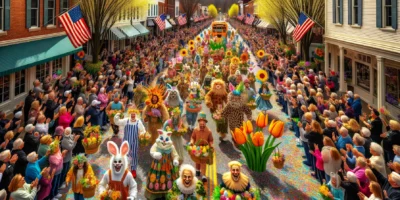 Ostern USA bunte Osterparade mit Teilnehmern und Dekorationen