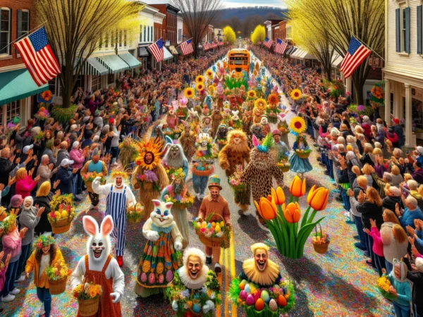 Ostern USA bunte Osterparade mit Teilnehmern und Dekorationen