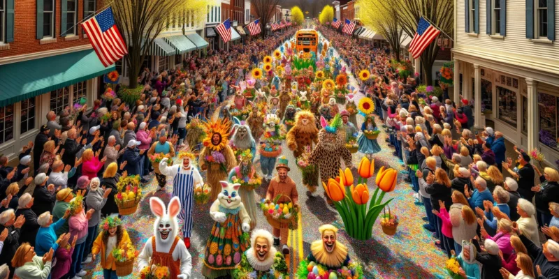 Ostern USA bunte Osterparade mit Teilnehmern und Dekorationen