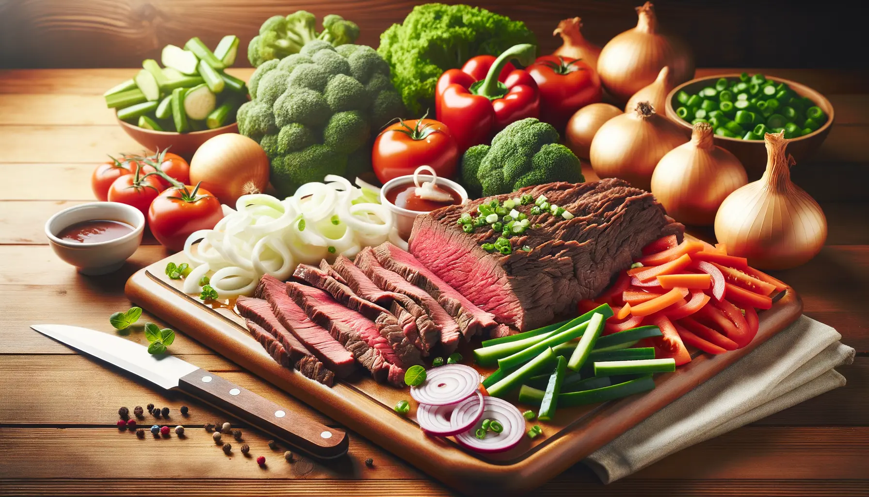 Vorbereitete Zutaten für Philly Cheesesteak mit Roastbeef und Gemüse