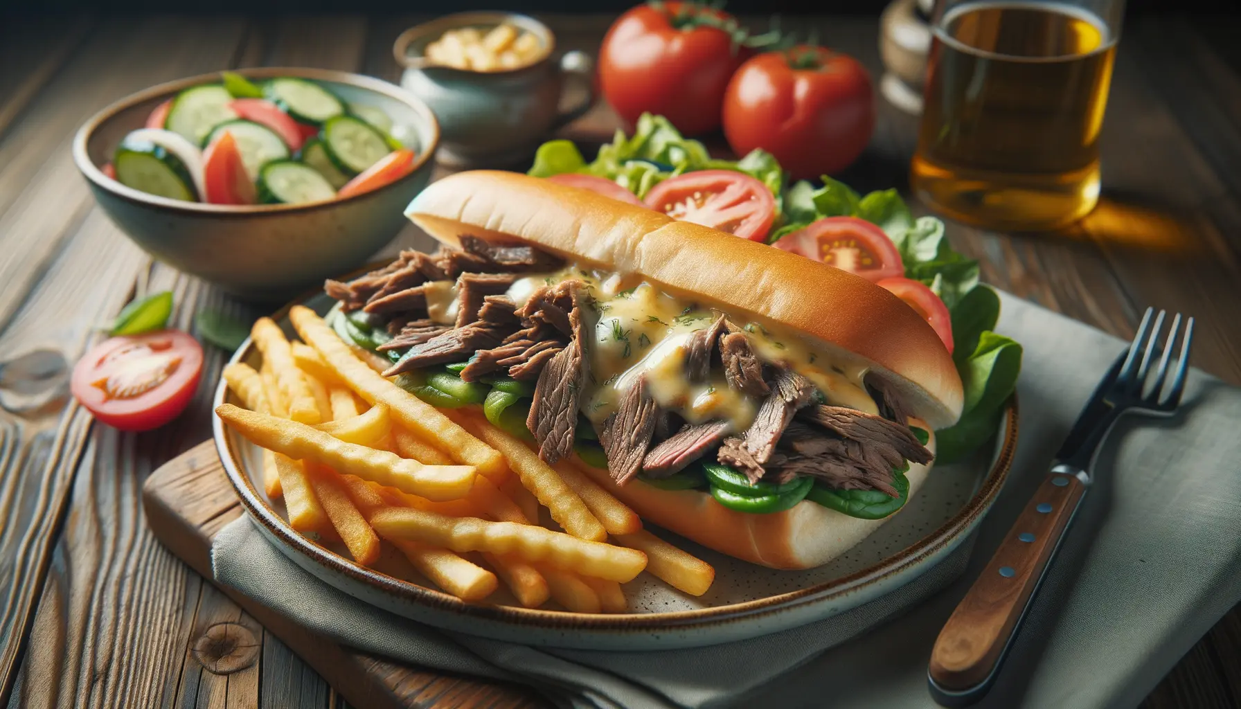 Serviertes Philly Cheesesteak Sandwich mit Beilagen