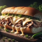 Philly Cheesesteak mit Roastbeef, geschmolzenem Käse und Sub-Brot