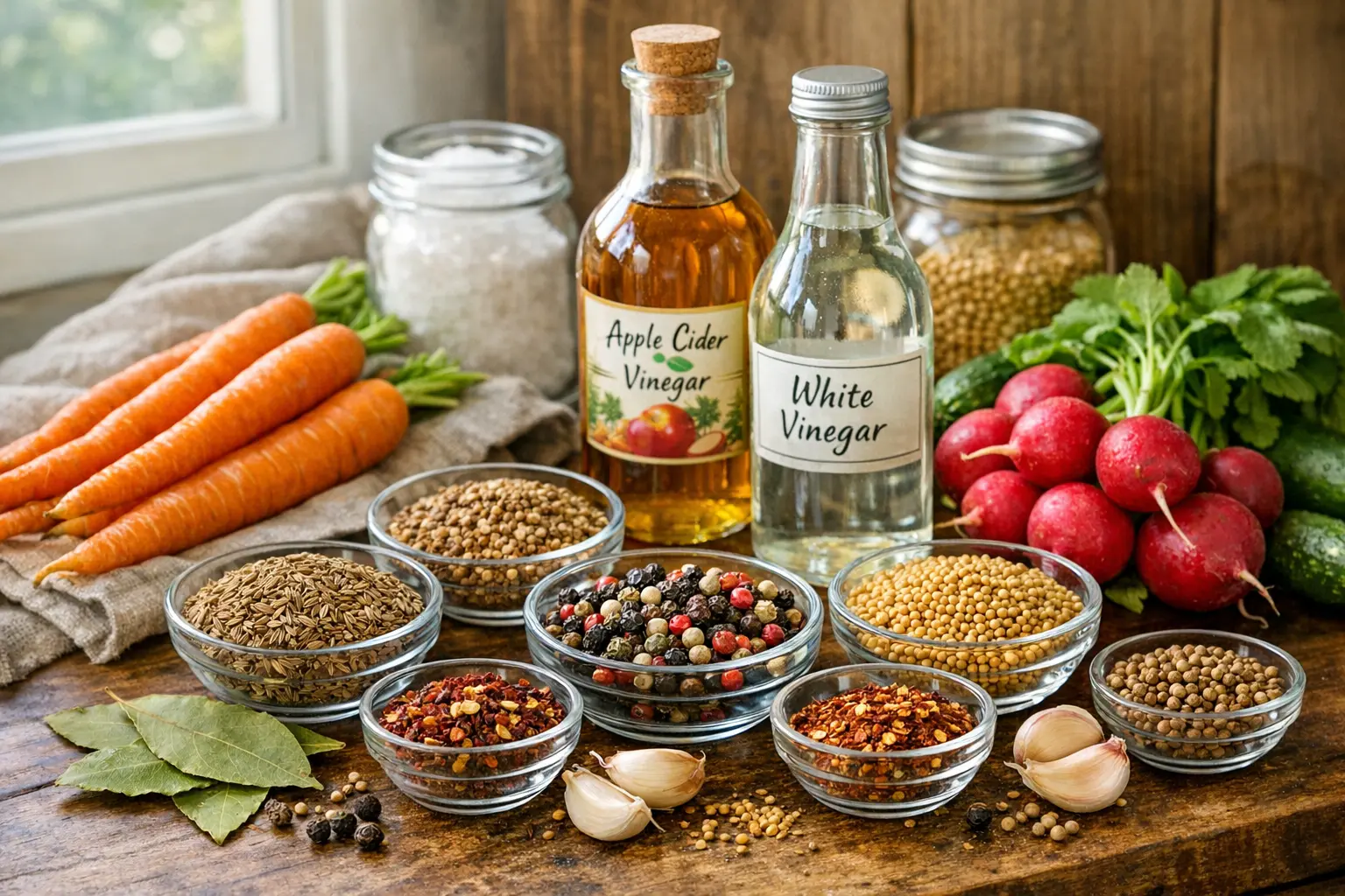 Verschiedene Gewürze und Gemüse für selbstgemachte Pickles