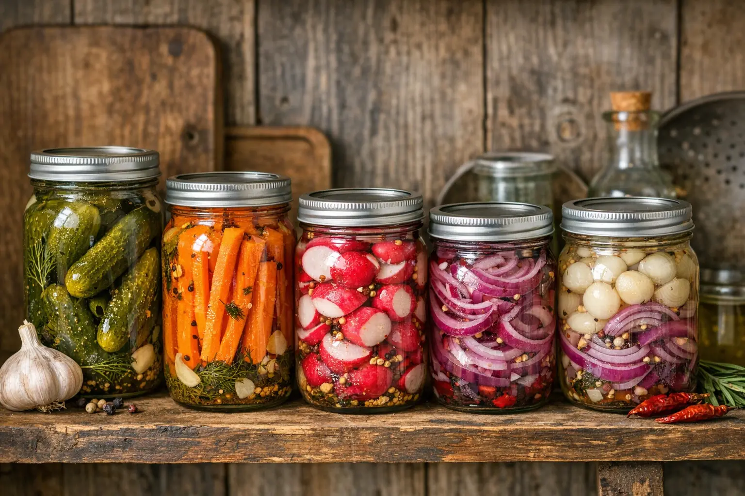 Verschiedene selbstgemachte Pickles in Einmachgläsern