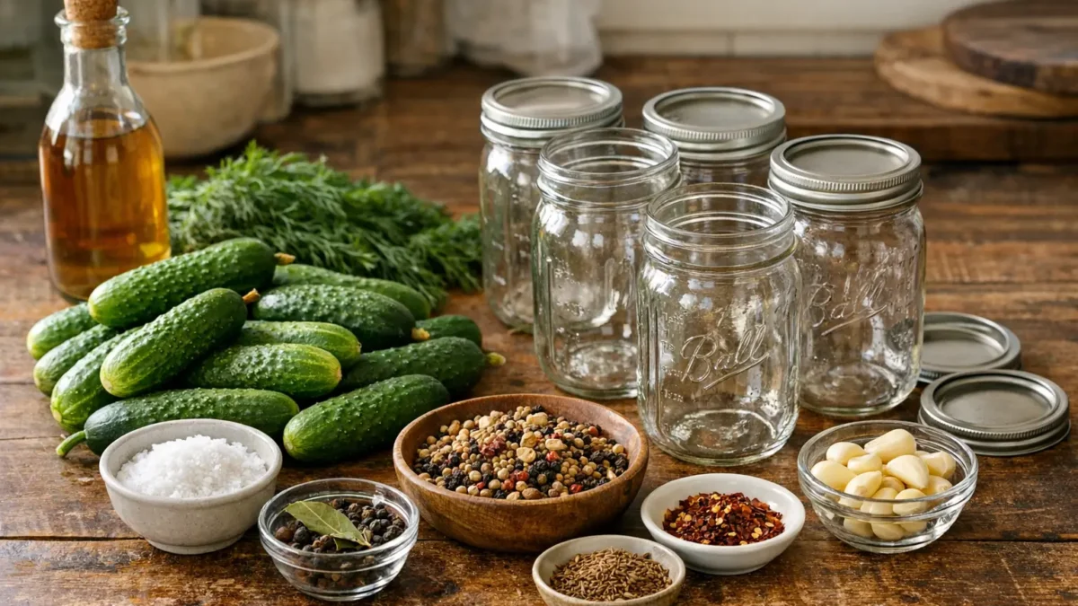 Frische Gurken und Einmachgläser für Pickles selber machen
