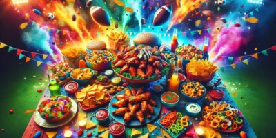 Super Bowl Essen mit verschiedenen Snacks und Fingerfood für Party 2026