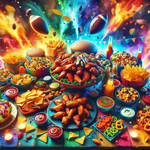Super Bowl Essen mit verschiedenen Snacks und Fingerfood für Party 2026