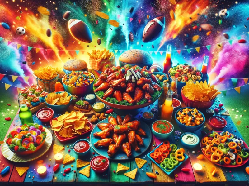 Super Bowl Essen mit verschiedenen Snacks und Fingerfood für Party 2026