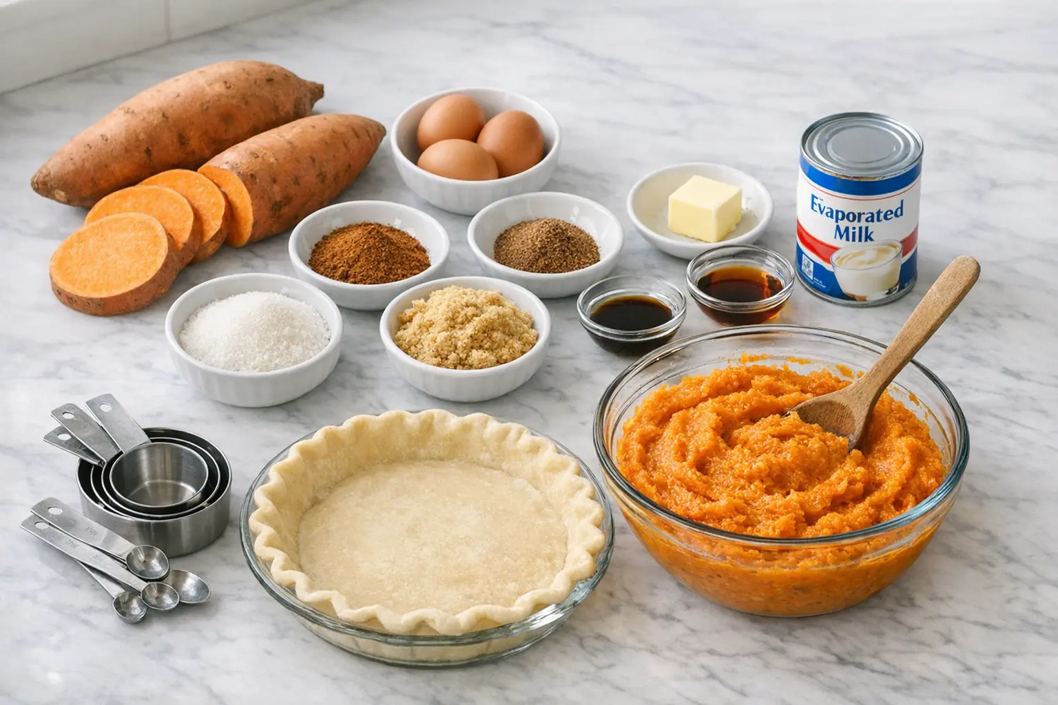 Zutaten und Zubereitung für Sweet Potato Pie mit rohen Süßkartoffeln